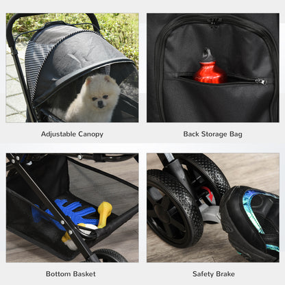Pet Stroller Dog Cat Travel Pushchair Foldable Jogger with Reversible Handle EVA Wheel Brake Basket Adjustable Canopy Safety Leash for Small Dogs, Black