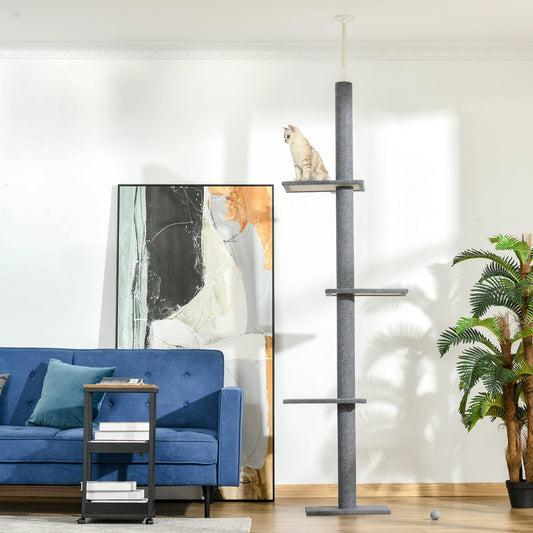 260cm Floor To Ceiling Cat Tree for Indoor Cats w/ Three Platforms Activity Centre - Grey
