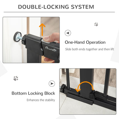 Dog Gate with Cat Flap Pet Safety Gate Barrier, Stair Pressure Fit, Auto Close, Double Locking, for Doorways, Hallways, 75-103 cm Black