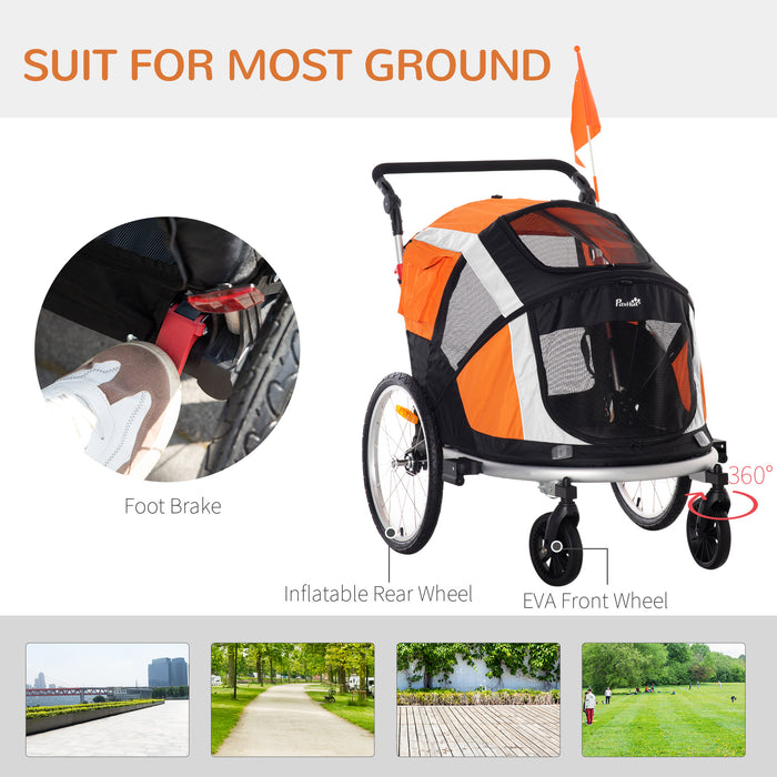 Dog Bike Trailer 2-in-1 Pet Stroller for Large Dogs Cart Foldable Bicycle Carrier Aluminium Frame with Safety Leash Hitch Coupler Reflector Flag Orange