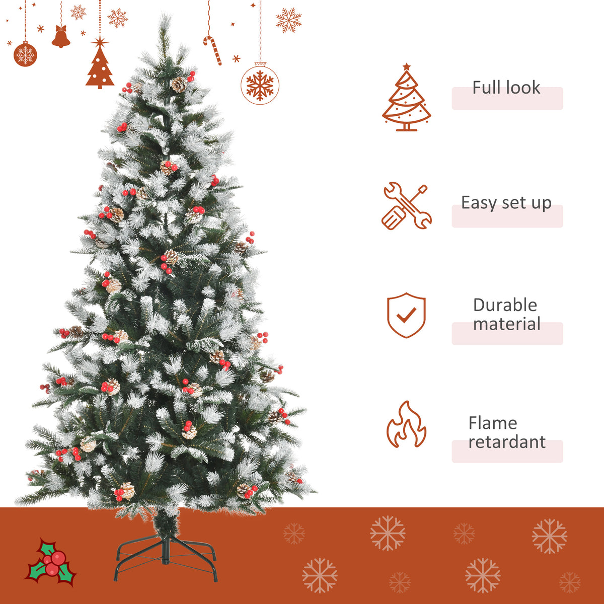 6ft Snow-Flecked Artificial Christmas Tree with Red Berries, Pinecones & 678 Tips