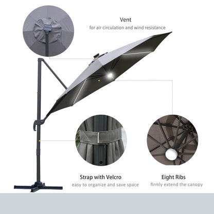 3(m) Cantilever Roma Parasol Garden Sun Umbrella Outdoor Patio with LED Solar Light Cross Base 360° Rotating, Grey