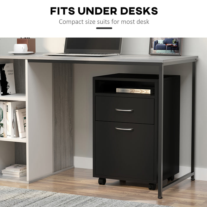 60cm Storage Cabinet w/ Drawer Open Shelf Metal Handles 4 Wheels Office Home Organiser Mobile Printer Black