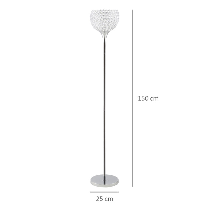 Modern Floor Lamp with K9 Crystal Lampshade, Tall Standing Lamp with E27 Bulb Base and Foot Switch for Living Room Bedroom Study Office Silver