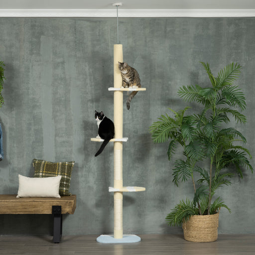 260cm Floor to Ceiling Cat Tree, Height Adjustable Kitten Tower with Anti-slip Kit, Multi-Layer Activity Centre w/ Fish-shaped Perches Scratching Post Ball Toy - Yellow