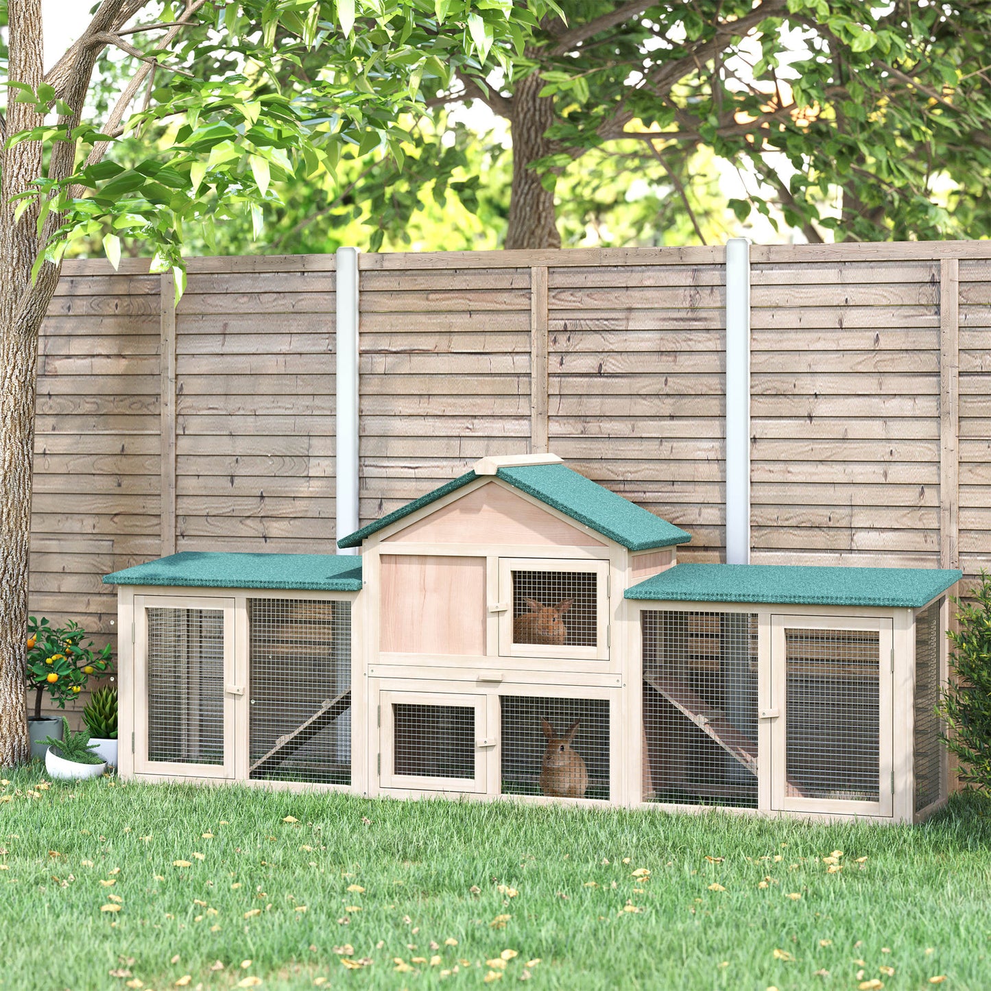 Deluxe Rabbit Hutch Outdoor, Wooden Guinea Pig Hutch, Two-Storey Bunny House with Ladder Rabbit Run Box Slide-out Tray 210 x 45.5 x 84.5 cm