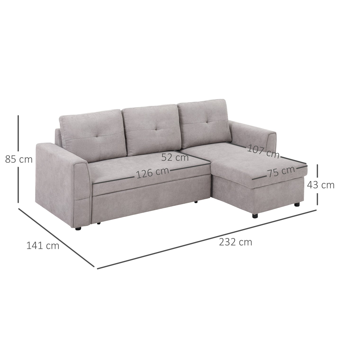 3 Seater Linen Look L-Shaped Corner Sofa, Pull Out Sofa with Storage Compartment In Grey - Hurry Limited Stock!