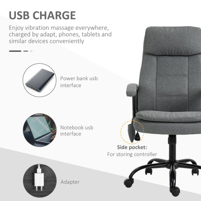 2-Point Massage Office Chair Linen-Look Ergonomic Adjustable Height w/ 360° Swivel 5 Castor Wheels Rocking Comfortable Executive Seat Grey