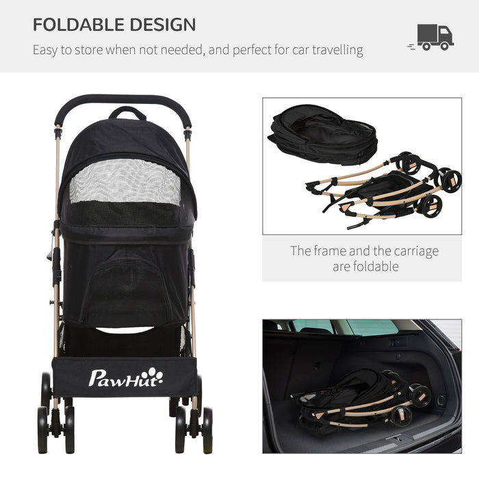 Detachable Pet Stroller, 3 In 1 Dog Cat Travel Carriage, Foldable Carrying Bag w/ Universal Wheels, Brake, Canopy, Basket, Storage Bag - Black