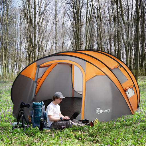 Outsunny 4-5 Person Pop-up Camping Tent Waterproof Family Tent w/ 2 Mesh Windows & PVC Windows Portable Carry Bag for Outdoor Trip Orange