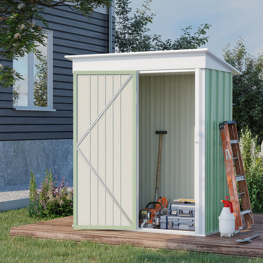 Outsunny Steel Small Garden Shed, Outdoor Lean-to Shed with Adjustable Shelf, Lock and Gloves for Lawn Mower, Tool, Motor Bike, Patio, Lawn, 5x3 ft, Green