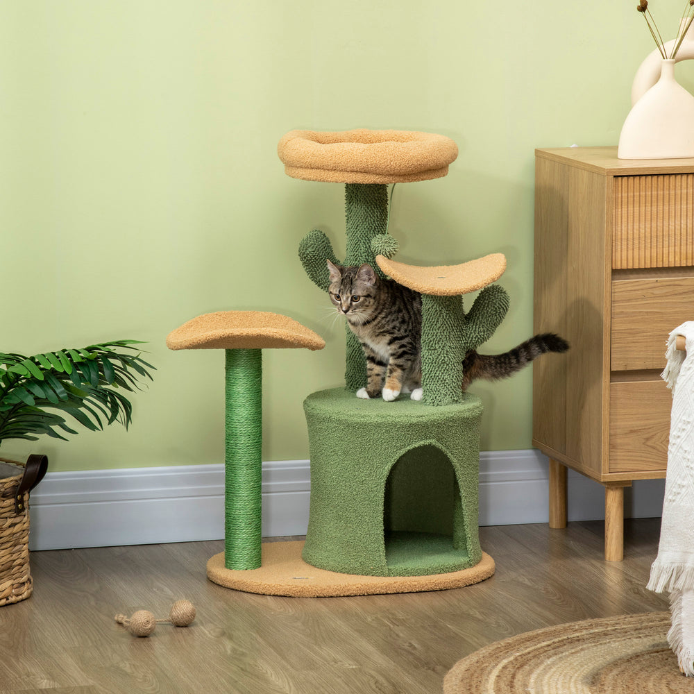 Cactus Cat Tree 83cm Cat Climbing Tower Kitten Activity Centre w/ Cat House, Bed, Sisal Scratching Post, Hanging Toy Ball - Green