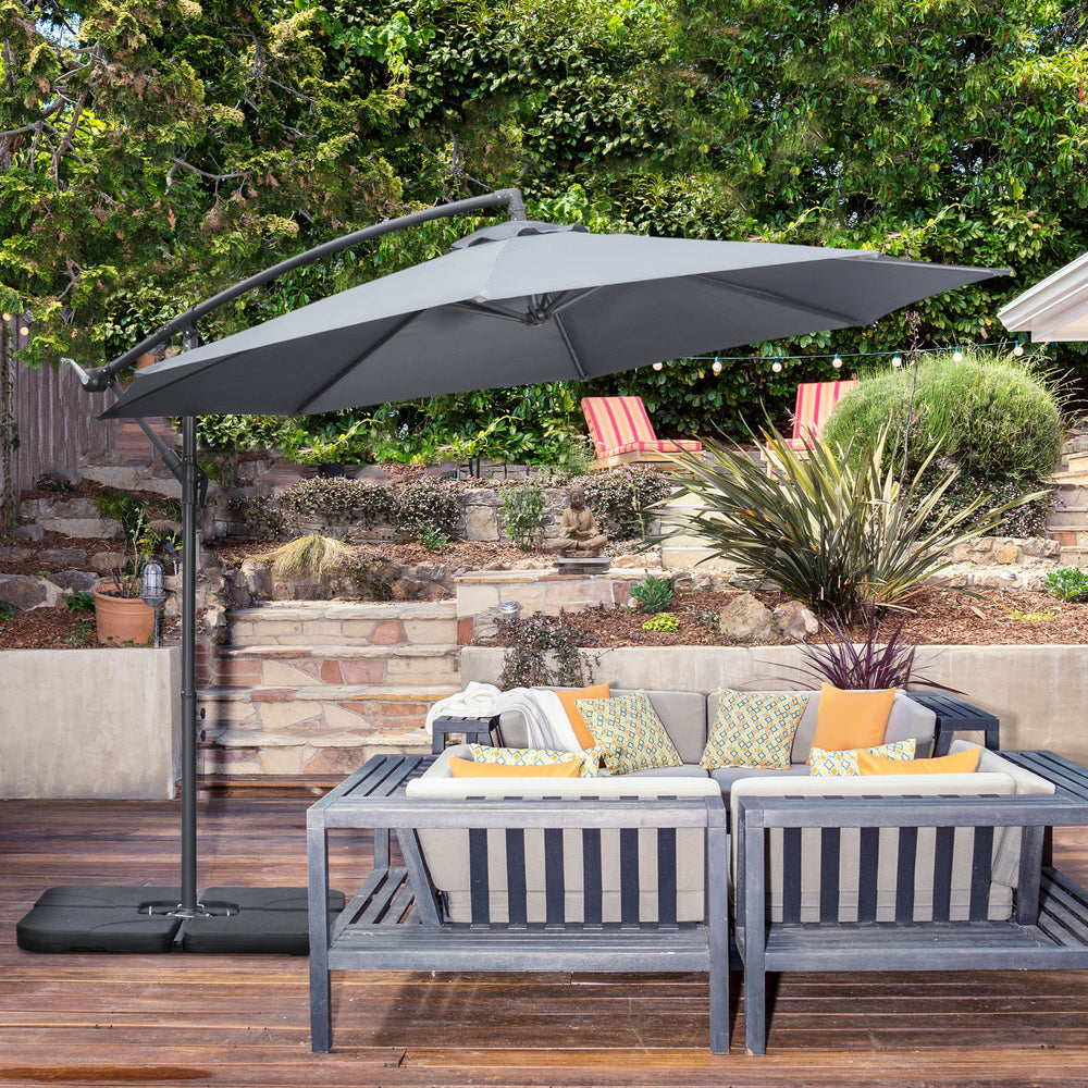 Garden Banana Parasol Cantilever Umbrella with Crank Handle, Cross Base, Weights and Cover for Outdoor, Hanging Sun Shade, Grey