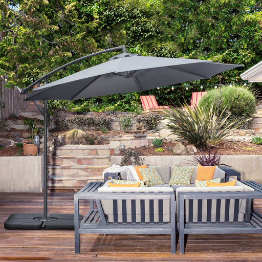 Outsunny 3(m) Garden Banana Parasol Cantilever Umbrella with Crank Handle, Cross Base, Weights and Cover for Outdoor, Hanging Sun Shade, Grey