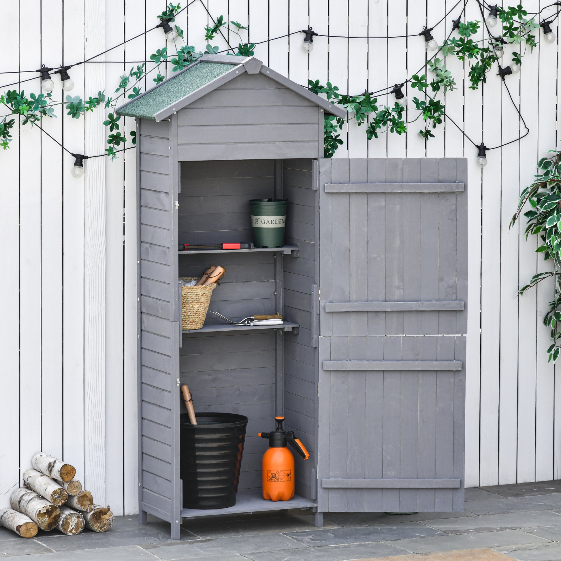 Outsunny Wooden Garden Storage Shed Utility Gardener Cabinet w/ 3 Shelves, Tilted-felt Roof and Two Lockable Doors, 189cm x 82cm x 49cm, Dark Grey