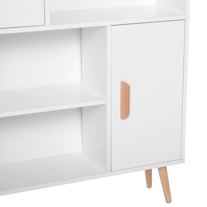 Sideboard Bookshelf Free Standing Bookcase Shelves Unit Display Storage Cabinet Wooden Leg w/ Two Doors White