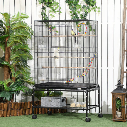 Bird Cage with Stand, Toys, Wheels, for Canaries, Finches, Lovebirds, Parakeets, Budgie Cage with Accessories, Storage Shelf - Black