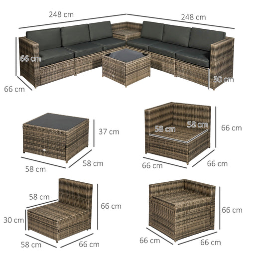 Outsunny 8 pcs Rattan Garden Furniture Patio Sofa and Table Set with Cushions 6 Seater Corner Outdoor Wicker Seat with Storage, Mixed Brown