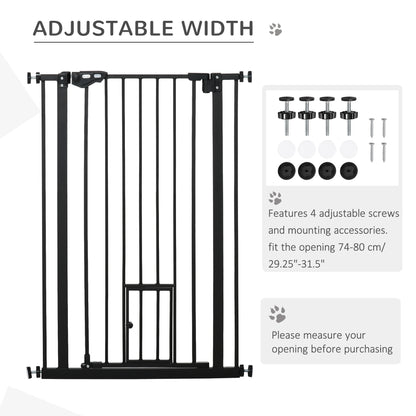 Extra Tall Dog Gate with Cat Flap, Pet Safety Gate for Doorways Stairs with Auto Close Double Locking, 104 cm Tall 74-80 cm Wide, Black