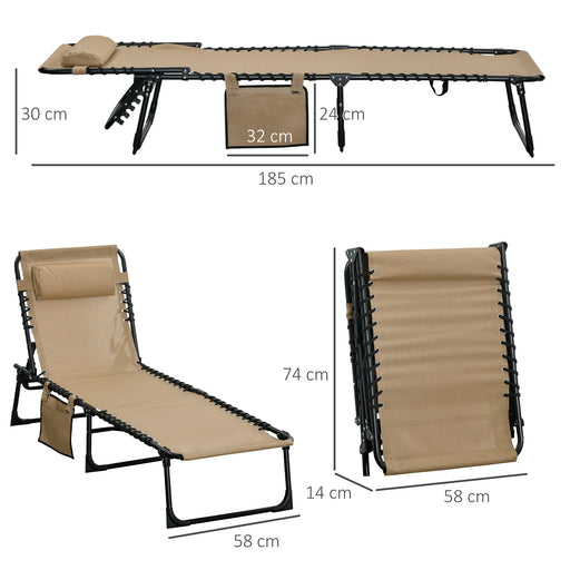 Outsunny Portable Sun Lounger, Folding Camping Bed Cot, Reclining Lounge Chair 5-position Adjustable Backrest with Side Pocket, Pillow for Patio Garden Beach Pool, Beige