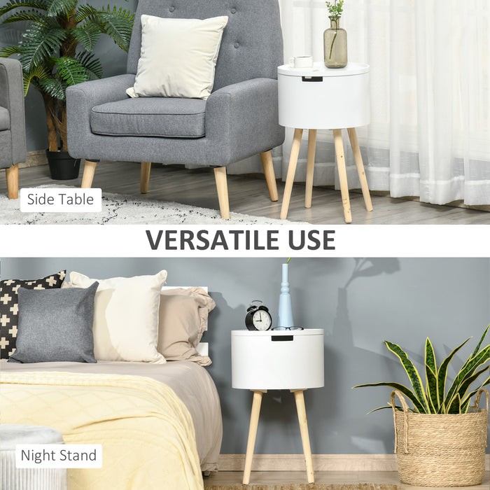 Modern Side Table with Hidden Storage Space, Round Night Stand with Removable Tray Wood Frame End Coffee Table, White