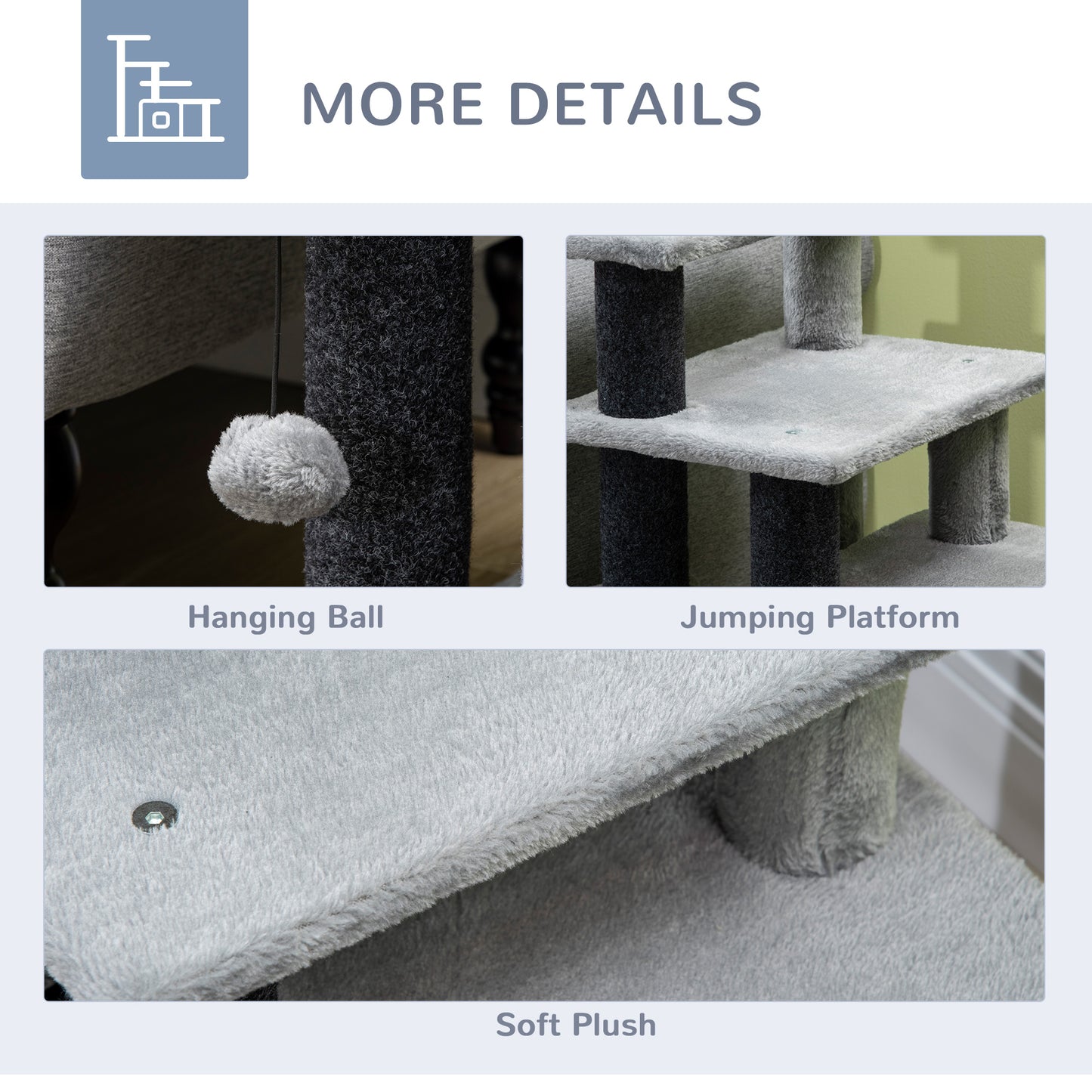 Dog Steps for Bed 4 Step Pet Stairs Cat House with Detachable Cover, Cat ladder for Sofa w/ Hanging Balls - Grey