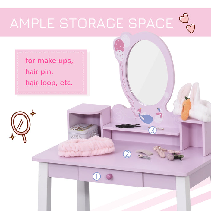 2 PCS Kids Wooden Dressing Table and Stool Girls Vanity Table Makeup Table Set with Mirror Drawers Role Play for Toddlers 3 Year+, Pink White