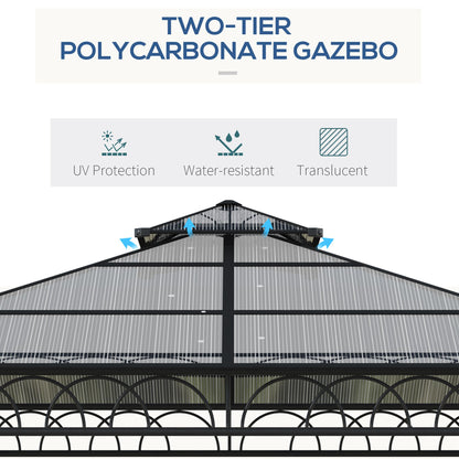 3 x 3m Outdoor Polycarbonate Gazebo with Double Roof, Galvanised Steel Frame and Curtains