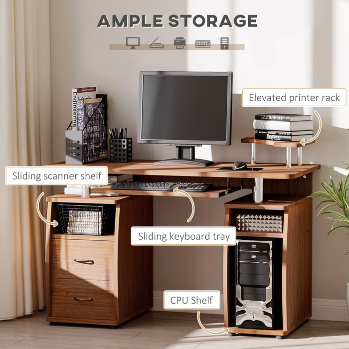 Computer Desk Office PC Table Workstation Gaming Study with Keyboard Tray, CPU Shelf, Drawers, Sliding Scanner Shelf, Brown