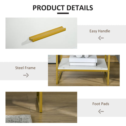 Modern Bedside Table, Bedside Cabinet with Drawer Shelf, Storage Organizer for Bedroom, Living Room, White and Gold