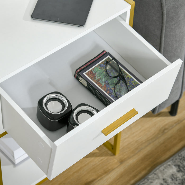 Modern Bedside Table, Bedside Cabinet with Drawer Shelf, Storage Organizer for Bedroom, Living Room, White and Gold