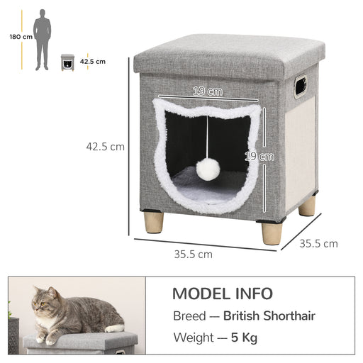 2 in 1 Cat Bed Ottoman, Comfortable Cat Sleeping Cave House w/ Removable Cushion, Scratching Pad, Handles, Anti-Slip Foot Pad, Toy Ball, Entrance - Grey