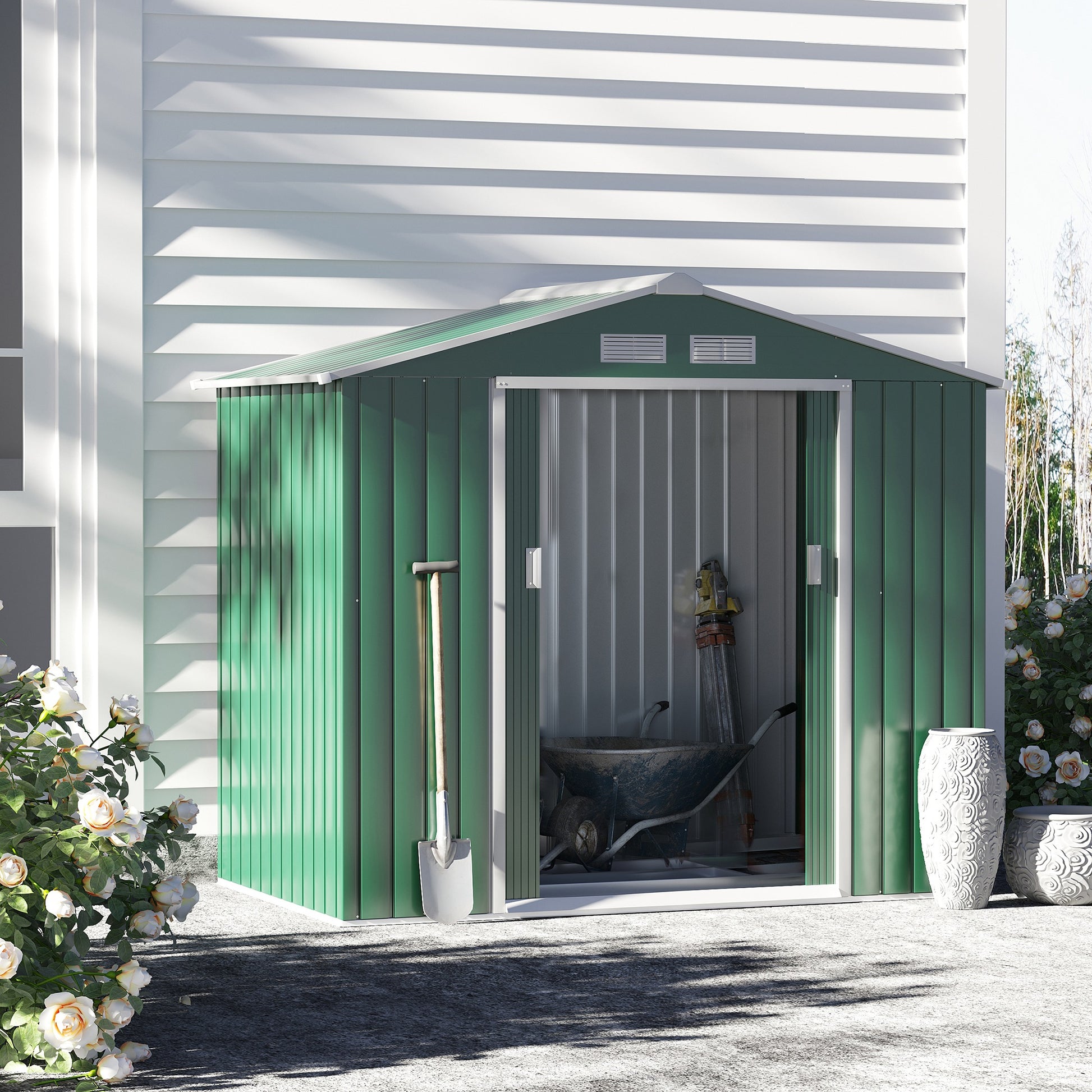 Outsunny 7ft x 4ft Lockable Garden Metal Storage Shed Large Patio Roofed Tool Storage Building Foundation Sheds Box Outdoor Furniture, Green