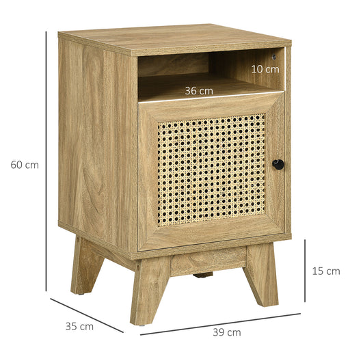 Bedside Table with Rattan Element, Side End Table with Shelf and Cupboard, 39cmx35cmx60cm, Natural