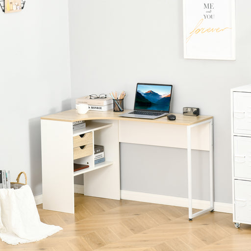 HOMCOM L-Shaped Computer Desk, Corner Desk with Drawers and Storage Compartments, Home Office Desk, Light Brown