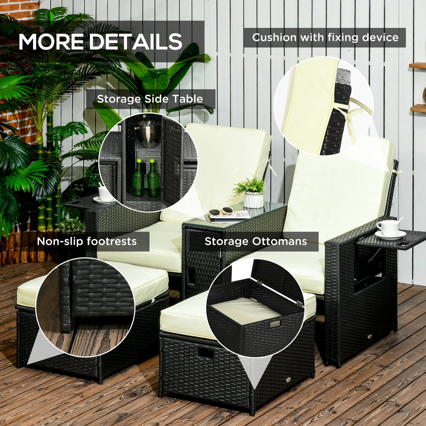 5PC PE Rattan Sun Lounger, Outdoor Wicker 5-level Adjustable Reclining  Bed with Storage Side Table and Footstools, for Patio, Garden, Poolside, Black