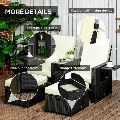 5PC PE Rattan Sun Lounger, Outdoor Wicker 5-level Adjustable Reclining  Bed with Storage Side Table and Footstools, for Patio, Garden, Poolside, Black