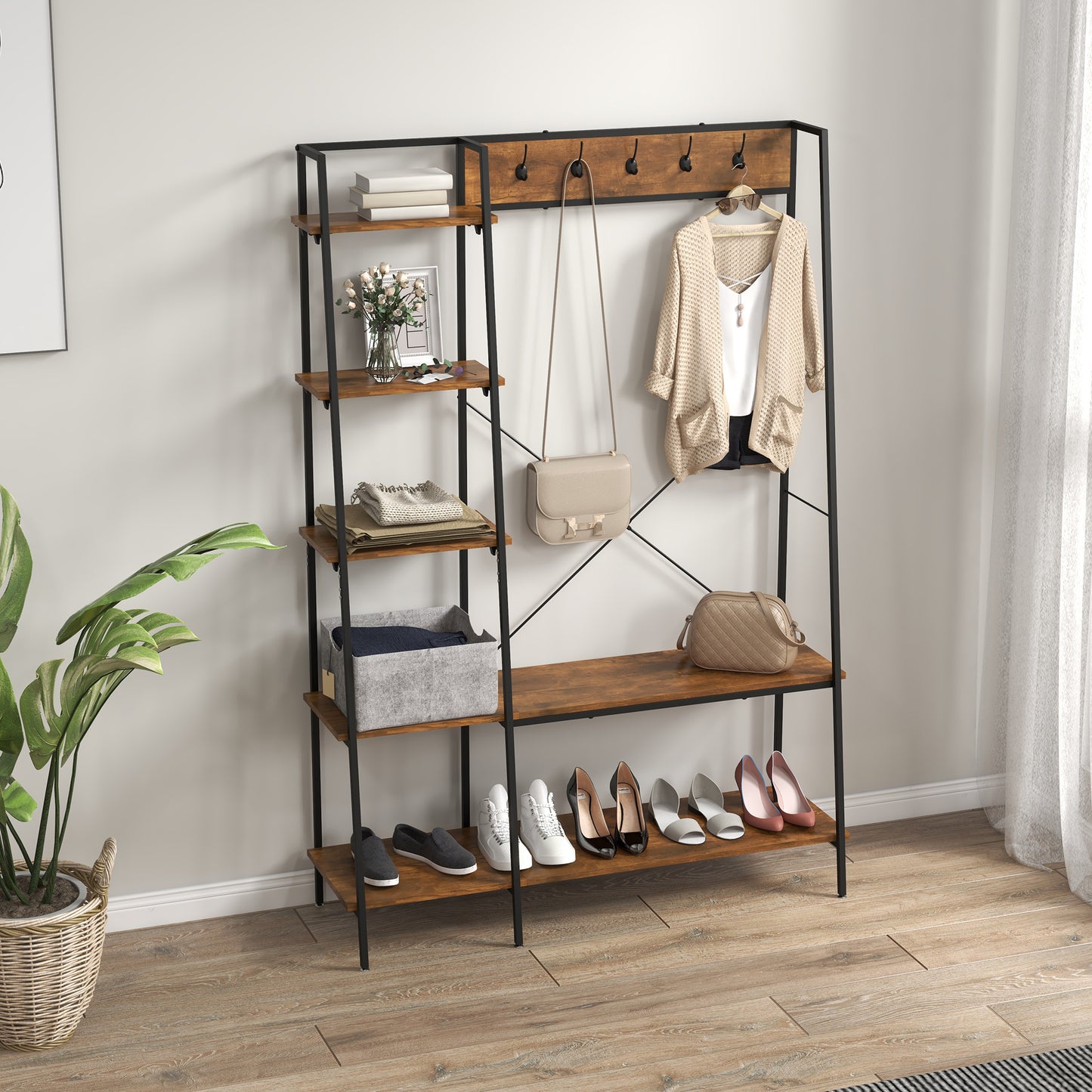 HOMCOM Industrial Coat Rack Stand, Free Standing Hall Tree with 2-Tier Shoe Rack, 5 Hooks, 5 Side Shelves and Steel Frame for Hallway, Entrance, 117 x 38 x 169cm, Brown