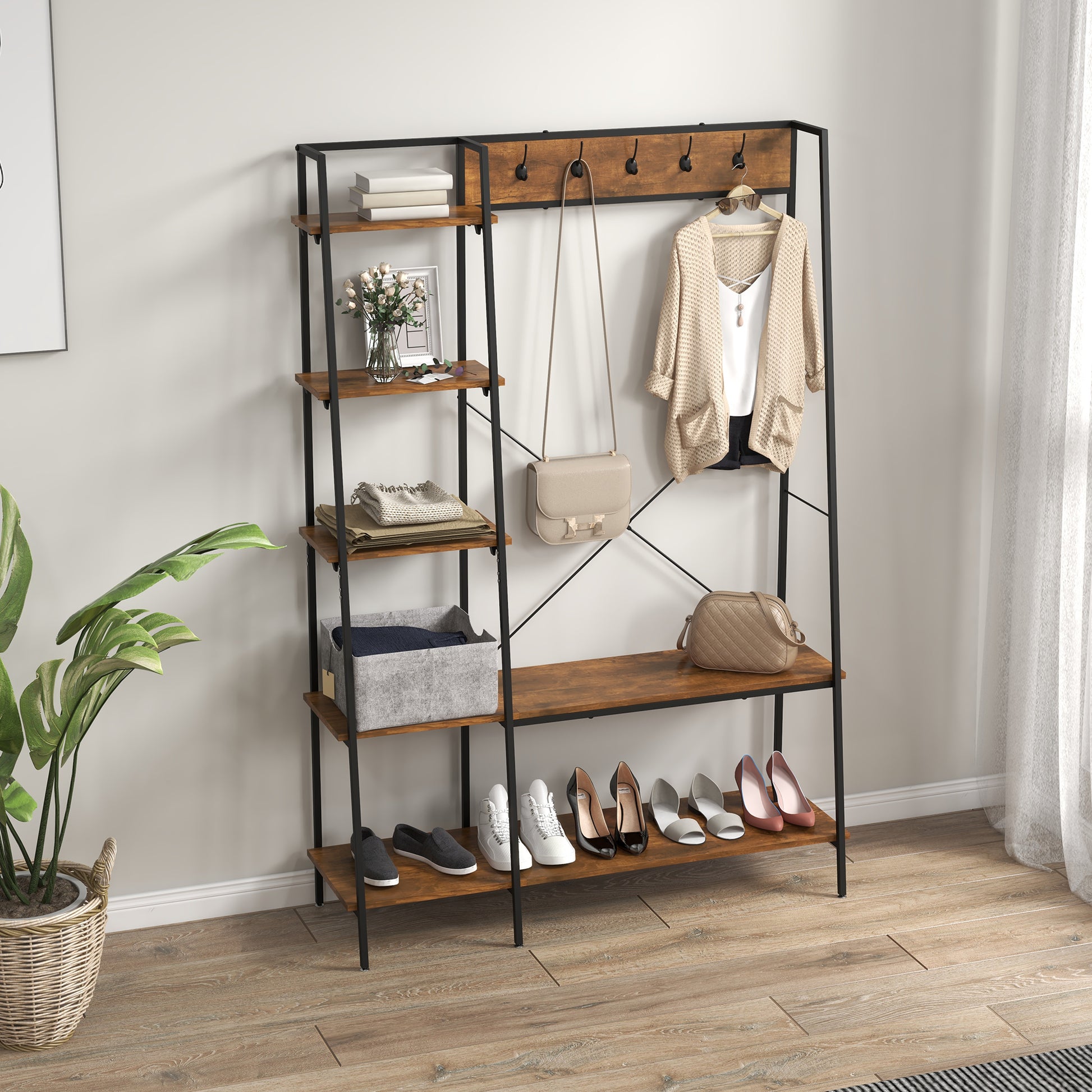 HOMCOM Industrial Coat Rack Stand, Free Standing Hall Tree with 2-Tier Shoe Rack, 5 Hooks, 5 Side Shelves and Steel Frame for Hallway, Entrance, 117 x 38 x 169cm, Brown
