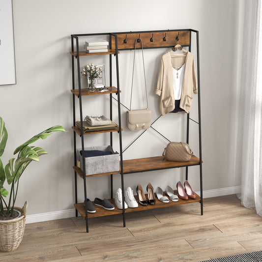 HOMCOM Industrial Coat Rack Stand, Free Standing Hall Tree with 2-Tier Shoe Rack, 5 Hooks, 5 Side Shelves and Steel Frame for Hallway, Entrance, 117 x 38 x 169cm, Brown