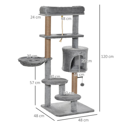 Cat Tree Tower for Indoor Cats 120cm Climbing Kitten Activity Center with Jute Scratching Post Perch Hanging Ball Hammock Teasing Rope Condo Toy Light Grey