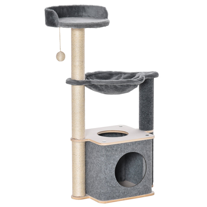 Cat Tree Cat Tower 95cm Climbing Kitten Activity Center with Sisal Scratching Post Perch Roomy Condo Hammock, Grey