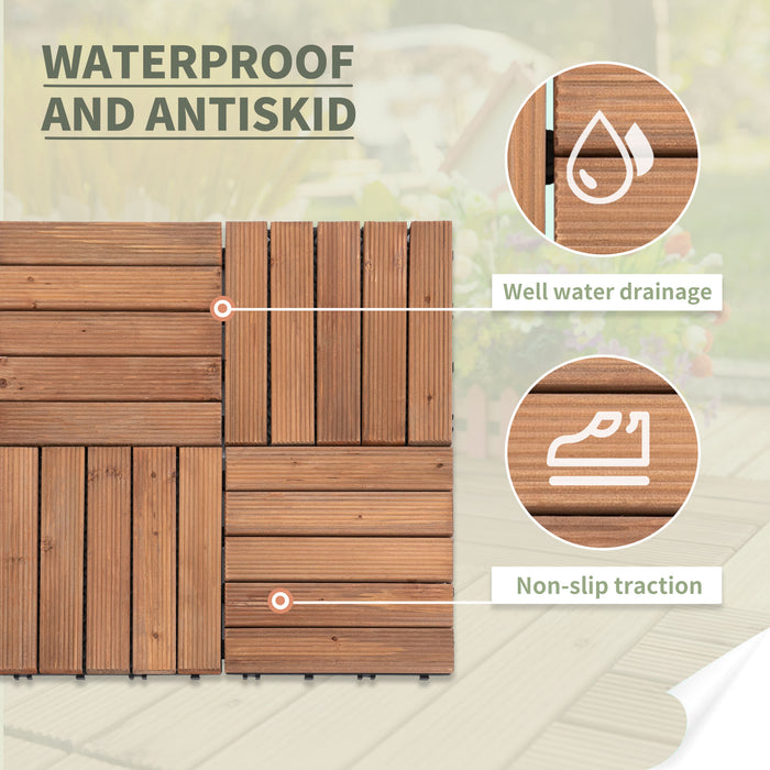 27 Pcs Solid Wood Interlocking Decking Tiles For Patio, Balcony, Roof Terrace, Hot Tub, Brown, (30 x 30 cm Per Piece)