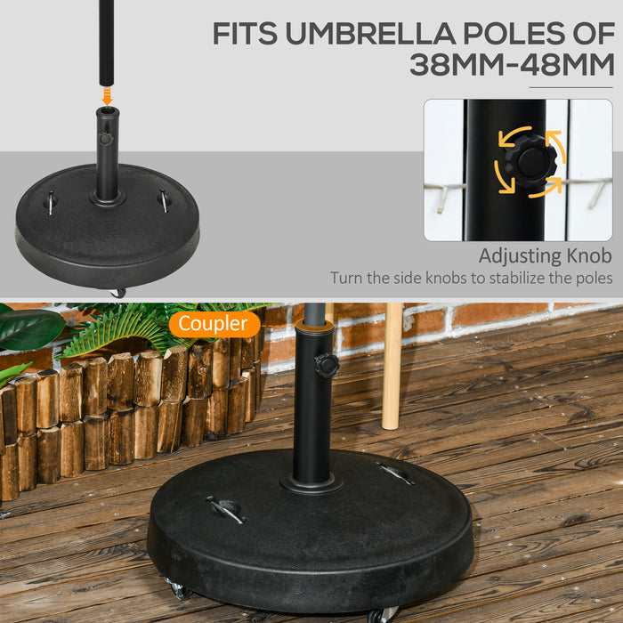 Outsunny 23.5kg Resin Garden Parasol Base with Wheels and Retractable Handles, Round Outdoor Market Umbrella Stand Weight for Poles of âÃ­Â¬â38mm to âÃ­Â¬â48mm, Black