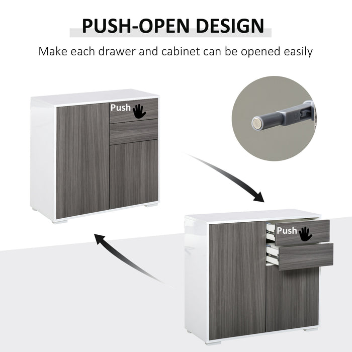 Modern Stylish Freestanding Push-Open Design Cabinet with 2 Drawer, 2 Door Cabinet, 2 Part Inner Space Light Grey and White