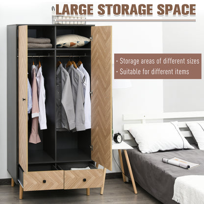 Modern Wardrobe Cabinet Wood Grain Sticker Surface with Shelf, Hanging Rod and 2 Drawers 90x50x190cm