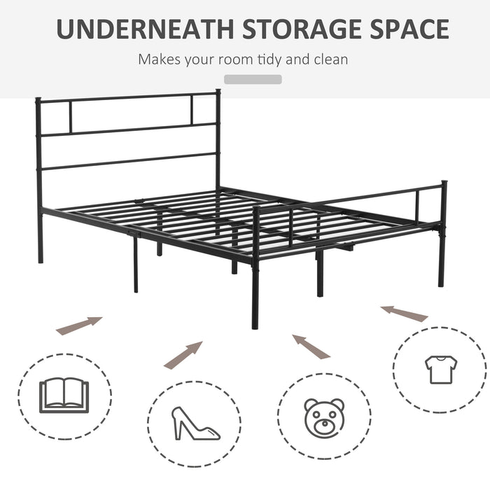 Double Metal Bed Frame Solid Bedstead Base with Headboard and Footboard, Metal Slat Support and Underbed Storage Space, Bedroom Furniture