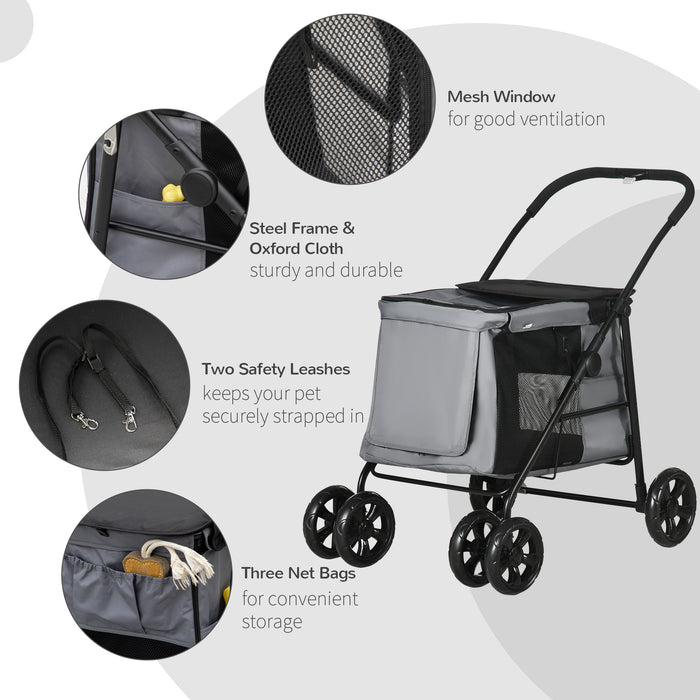 One-Click Foldable Pet Stroller, Dog Cat Travel Pushchair w/ EVA Wheels, Storage Bags, Mesh Windows, Doors, Safety Leash, Cushion, for Small Pets - Grey