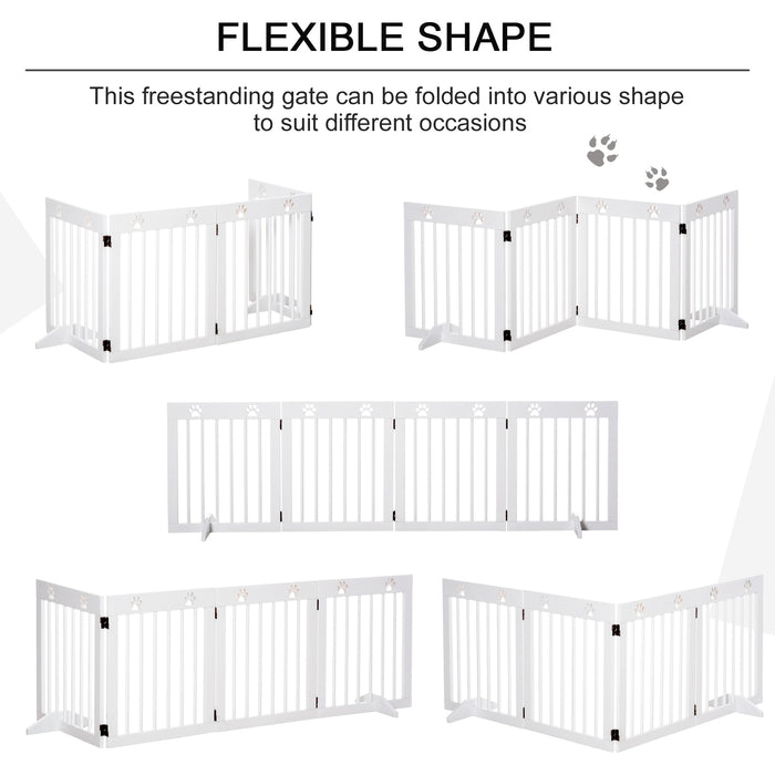 Freestanding Pet Gate 4 Panel Wooden Dog Barrier Folding Safety Fence with Support Feet up to 204cm Long 61cm Tall for Doorway Stairs White