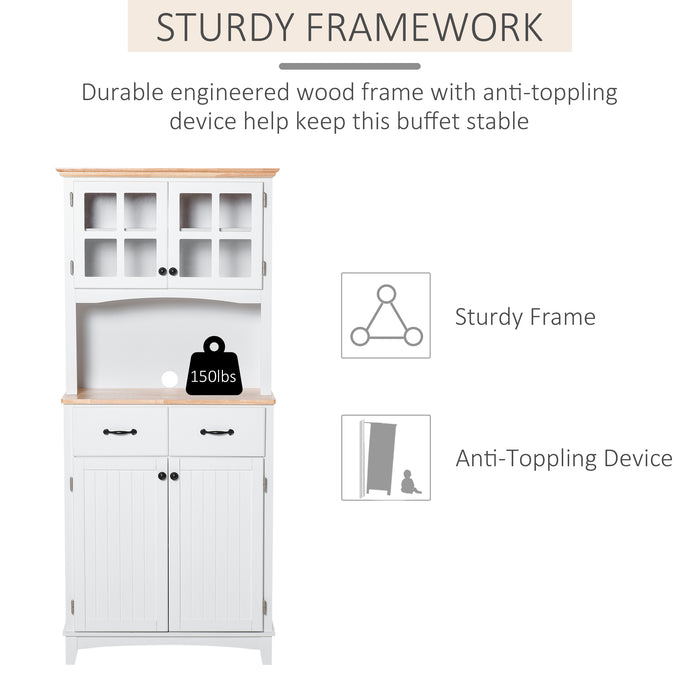 Freestanding Kitchen Cupboard, Kitchen Storage Cabinet with Framed Glass Doors, 2 Drawers, Microwave Counter, White